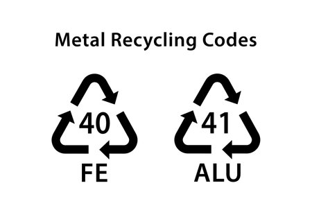 metal recycling codes, FE 40, ALU 41, ecology recycling sign, identification code, package waste black fill iconのイラスト素材