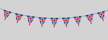 Icelandic Sovereignty Day, bunting garland, string of triangular flags for outdoor party, Iceland, pennant, retro style vector illustrationのイラスト素材