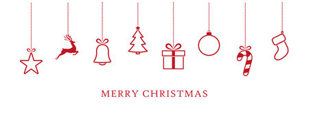 merry christmas greeting card, christmas decorations, hanging red holiday decorative elements, vector illustrationのイラスト素材