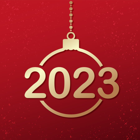 holiday gift card with a gold christmas ball on red background, Happy New Year and Merry Christmas concept, gradient vector design with numbers 2023のイラスト素材