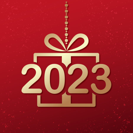 gold 2023 numbers with gift box on red background, merry christmas happy new year square shape greeting card, gradient vector illustrationのイラスト素材