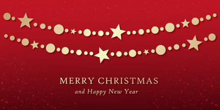 merry christmas and happy new year, string of star beads, christmas card, gold decorative garland on red background, vector greeting cardのイラスト素材