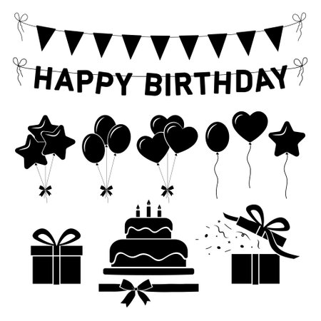 set of Birthday Party Decorations, black filled party symbols for greeting card, invitation design, vector decorative elementsのイラスト素材