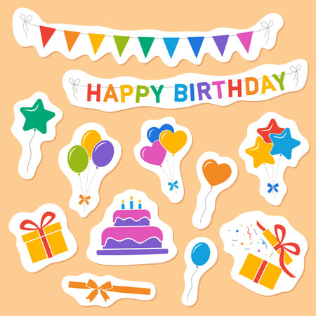 bright set of colorful birthday party stickers, happy birthday concept, flat vector design elementsのイラスト素材