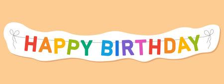 happy birthday decorative sticker, colorful party bunting, big letters hanging on a string, vector illustrationのイラスト素材