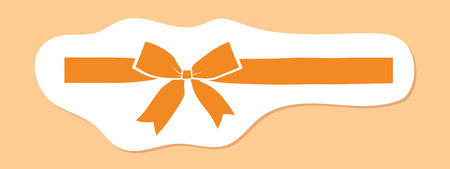 birthday decorative sticker, orange ribbon with bow, horizontal decorative element for gift card, vector illustrationのイラスト素材