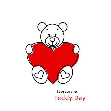 teddy day, february 10, teddy bear with a big red heart, valentine week, black line simple vector illustration, editable strokeのイラスト素材
