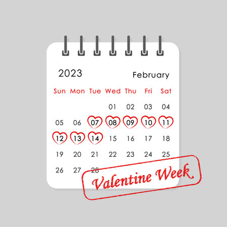valentine week highlighted on monthly calendar with heart shape, vector illustrationのイラスト素材