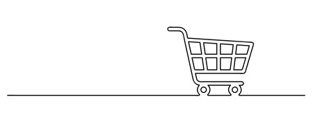shopping cart symbol continuous line drawing, shopping trolley lineart, black line vector illustration, editable stroke, horizontal design elementのイラスト素材