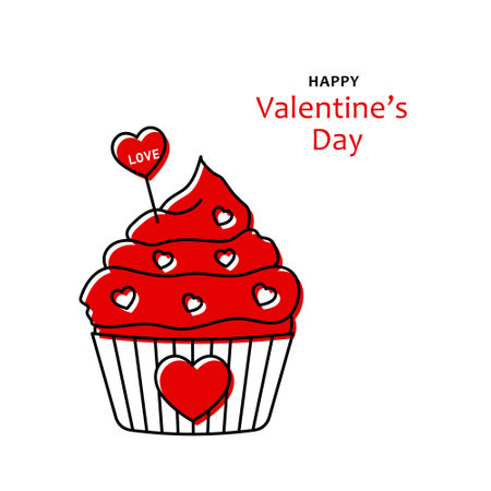 happy valentines day, black line cupcake, valentine dessert, black and red vector illustrationのイラスト素材
