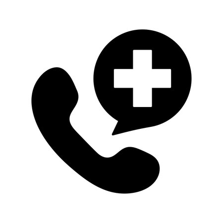 doctor call, medical emergency number, black medical icon, handset with speech bubble and cross, hospital phone consulting aid, clinic service vector symbolのイラスト素材
