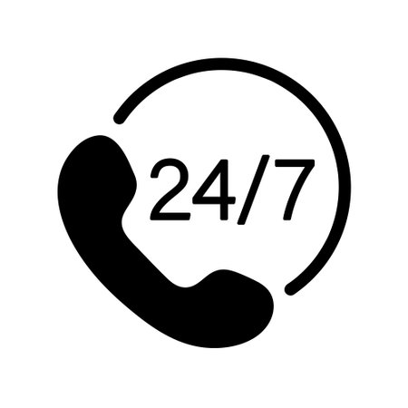 24-7 Phone Support Icon, 24 hours service, handset symbol, black vector signのイラスト素材
