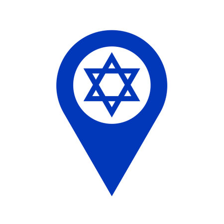 israel location pin, gps marker, made in israel symbol, find us sign, blue color with star of david, vector elementのイラスト素材