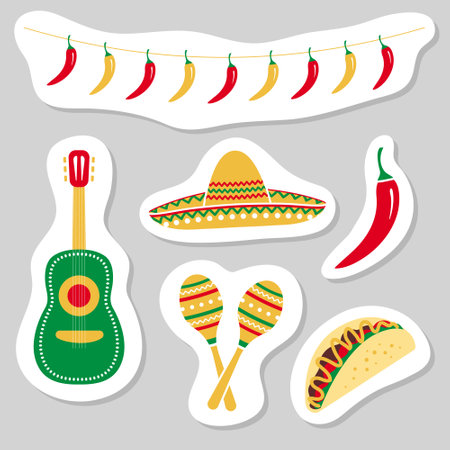 cinco de mayo sticker set, mexican culture icons, chili garland, guitar, sombrero, maracas, taco, ppeper vector design elementsのイラスト素材