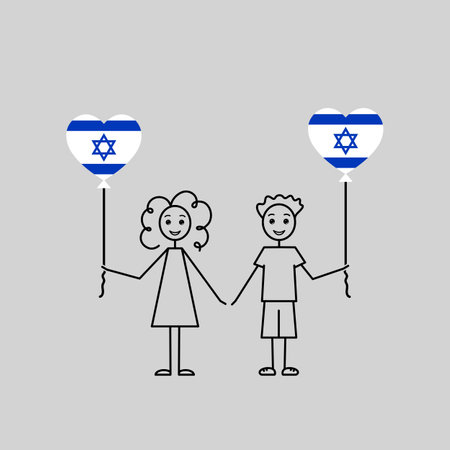 israeli children, love Israel sketch, girl and boy with a heart shaped balloons, black line vector illustrationのイラスト素材