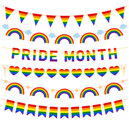 happy pride month set of garlands, banners, collection of vector design elements with LGBTQ flagのイラスト素材