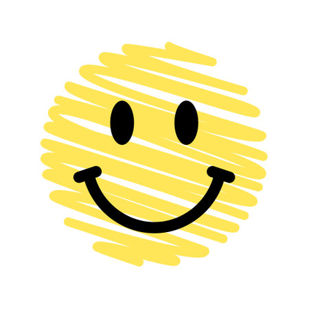 stay positive emoji hand drawn design element, smiley face doodle yellow symbol, smiling emoticon, scribble happy face stickerのイラスト素材