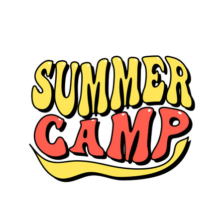 summer camp lettering, groovy aesthetic t shirt design, bright retro style vector illustrationのイラスト素材