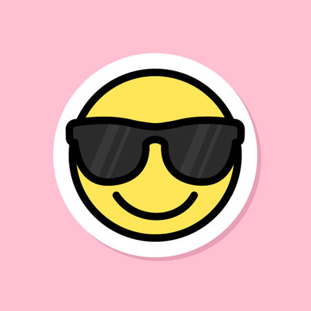 smiling face with sunglasses emoji sticker, black outline, cute sticker on pink background, groovy aesthetic, vector design elementのイラスト素材