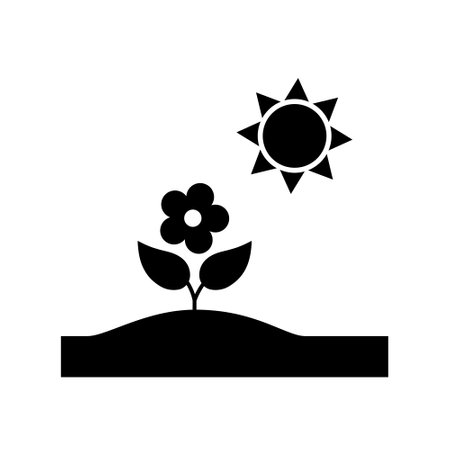 full sun plant icon, flower planting, flowering black vector symbol for gardening instructionsのイラスト素材