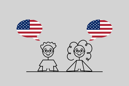 american english speakers, United States English speaking, cartoon boy and girl with speach bubbles in USA flag colors, learning English language vector illustrationのイラスト素材
