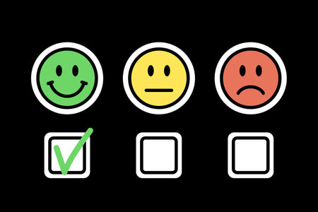 satisfaction rating emoji positive, neutral and negative mood, vector illustration of different experience red, green, yellow face on black backgroundのイラスト素材