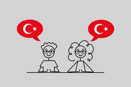 turkish speakers, cartoon boy and girl with speech bubbles in flag of turkey colors, learning turkish language vector illustrationのイラスト素材