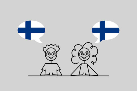 finnish speakers, cartoon boy and girl with speech bubbles in Finland flag colors, learning francais language vector illustrationのイラスト素材