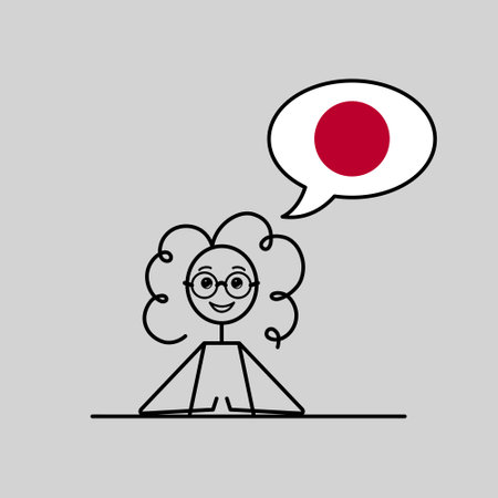 japanese speaking cartoon girl with speech bubble in flag of Japan colors, female character learning japanese language vector illustration, black line sketchのイラスト素材