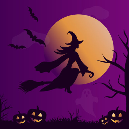 halloween witch on a broom silhouette over a purple dark night sky, spooky vector illustrationのイラスト素材