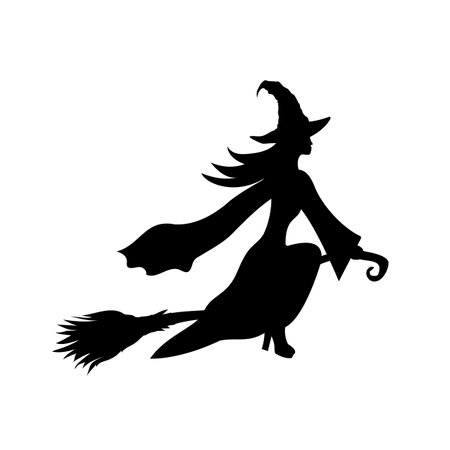 witch on a broomstick, vector black silhouette, halloween symbolのイラスト素材