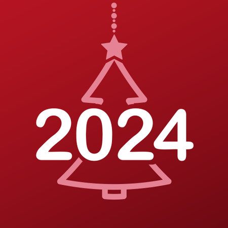 new year square card with christmas tree on red background, vector design with 2024 numbersのイラスト素材