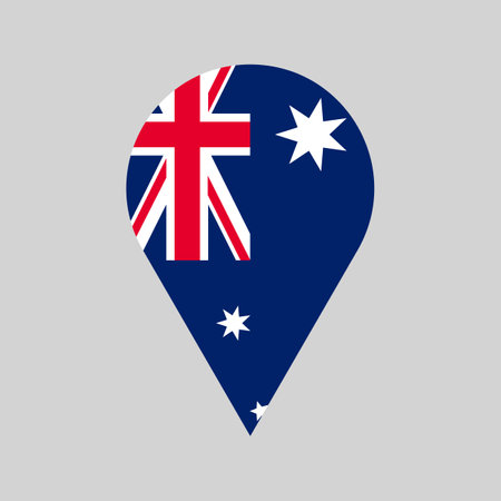 Australia location pin, gps marker with australian national flag color, made in Australia symbol, find us sign, vector design elementのイラスト素材