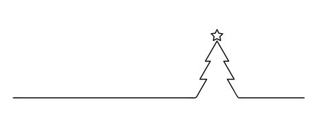 christmas tree one line art, new year lineart, black line vector illustration, editable stroke, horizontal design elementのイラスト素材