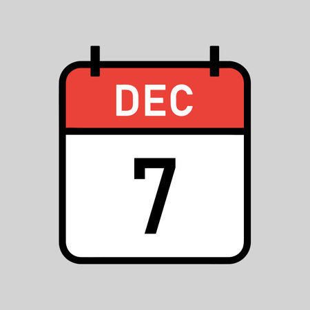 december 7, red and white color calendar page with black outline, calendar date vector illustrationのイラスト素材