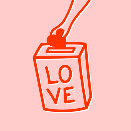 valentine card exchange, hand sending heart to Valentines day box, pink and red combo, hand drawn vector illustrationのイラスト素材