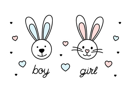 baby rabbit, bunny, girl or boy, baby announcement black line vector design elements on white background, baby shower card,のイラスト素材