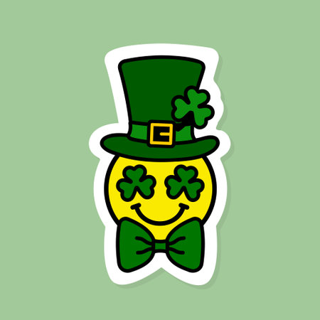 st patrick s day emoji sticker, leprechaun emoticon with green hat and bow tie, vector design elementsのイラスト素材
