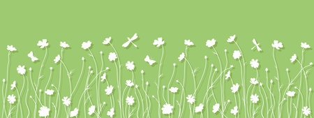 cosmos flowers silhouette, floral decorative background, white bottom line on green background, vector illustrationのイラスト素材