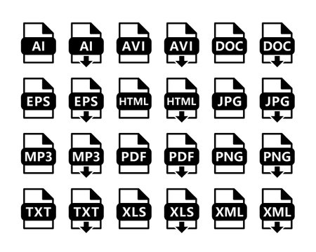 file format black icons, file extensions, file formats flat vector elementsのイラスト素材