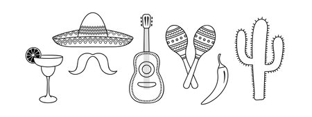 mexican symbols, cinco de mayo festival, black line icons, vector design elementsのイラスト素材