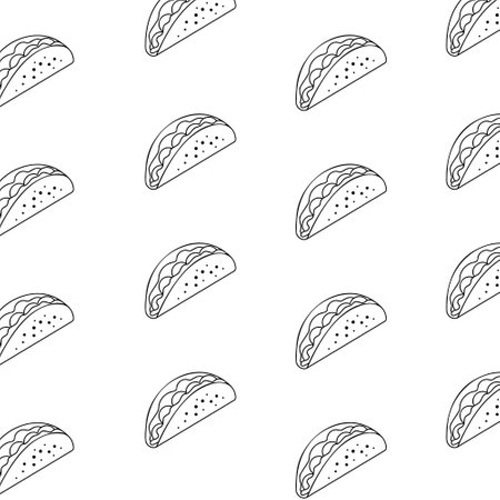 taco black and white seamless pattern with mexican tacos in tortilla, wrapping paper, wallpaper design, vector illustrationのイラスト素材
