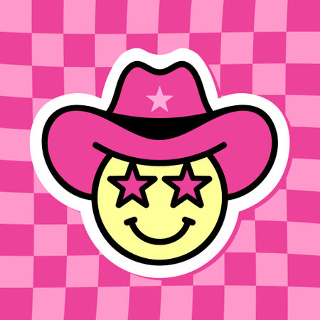 star eyes cowboy emoji, hot pink groovy sticker, black outline, cute sticker on groovy background, retro style vector illustrationのイラスト素材