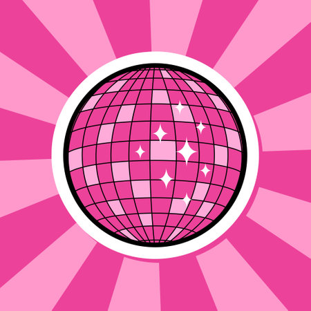 pink disco ball groovy sticker, cute round badge on groovy background, retro style vector illustration for disco party, retro music poster, parties, festivals, dance clubのイラスト素材