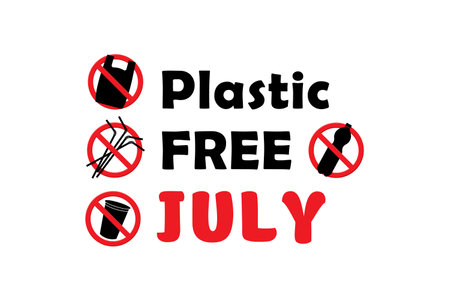 Plastic Free July poster, red prohibition sign, black and red vector illustrationのイラスト素材