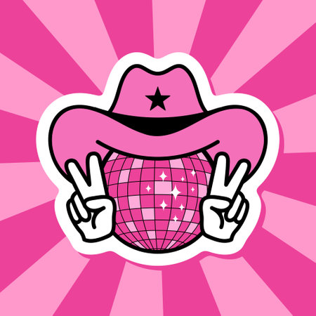 cowgirl sticker, cowboy hat on disco ball, hot pink vector element on groovy backgroundのイラスト素材