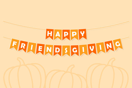 Happy Friendsgiving bunting garland, party lettering banner, orange pennants with white letters, Thanksgiving dinner invitation card, vector holiday decorationのイラスト素材