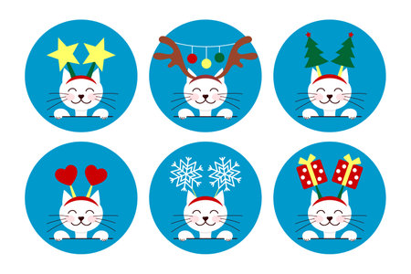 Christmas cat round sticker set, cute character with festive headband on, winter decoration, circle vector design elementsのイラスト素材