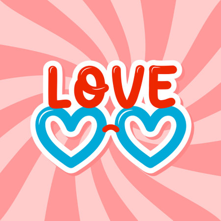 heart shape sunglasses with love word, Valentine party sticker, retro style vector illustrationのイラスト素材