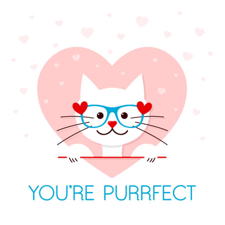 valentine card with a cat and youre purrfect text, white kitty with glasses on, festive t-shirt, sticker, greeting card design, purr-fect vector illustrationのイラスト素材